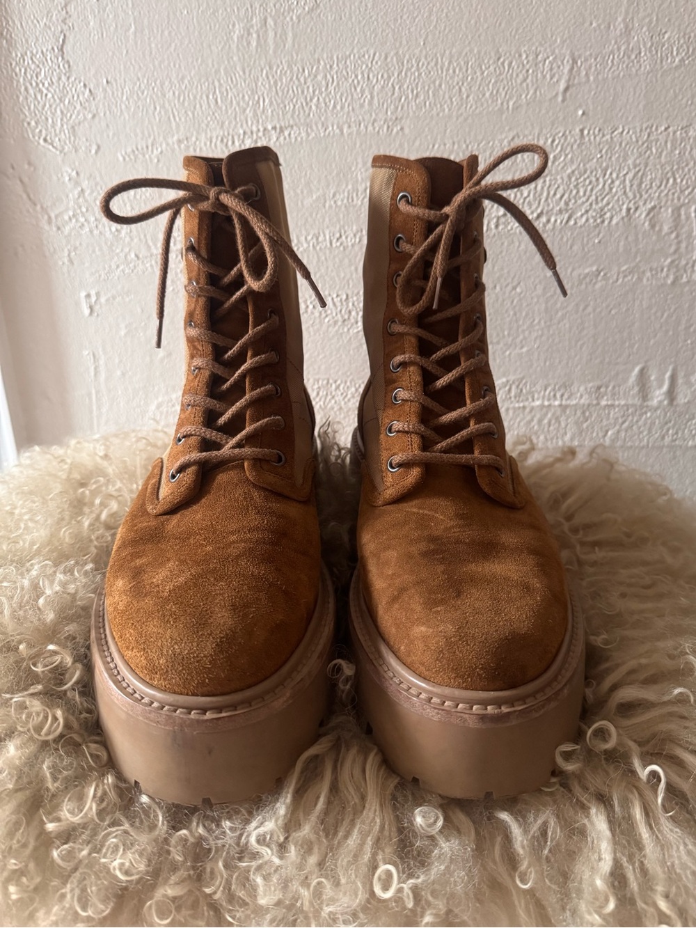 Celine Tan Suede & Canvas Lace-Up Platform Boots